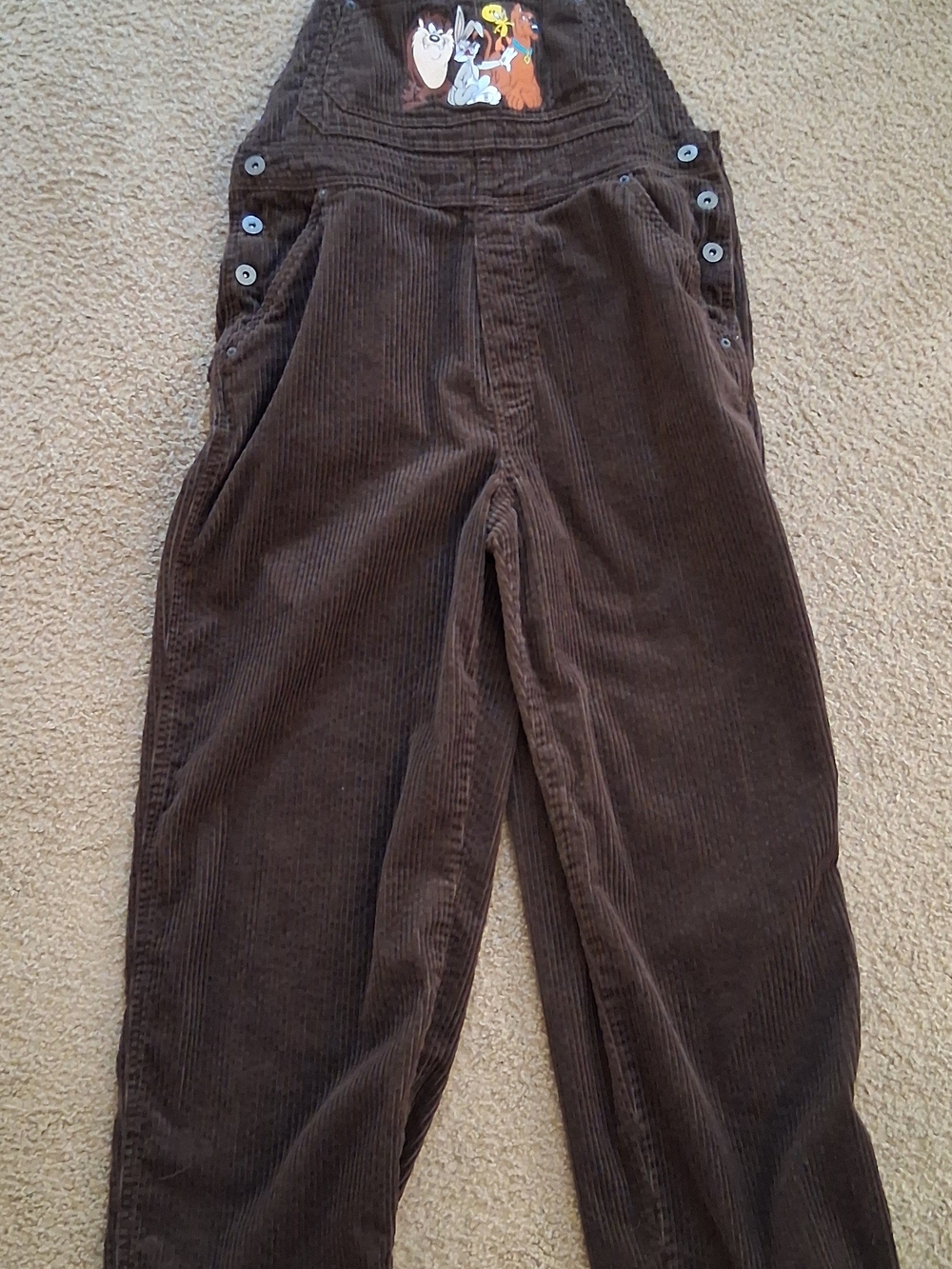 Vtg. Warner Bros. Brown Corduroy Adult Overalls with Taz. Bugs  Tweety, & Scooby
